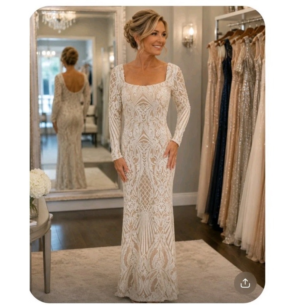 Windsor White Sequin Scroll Long Sleeve Formal Gown Nude Mesh SYM1810WD Small